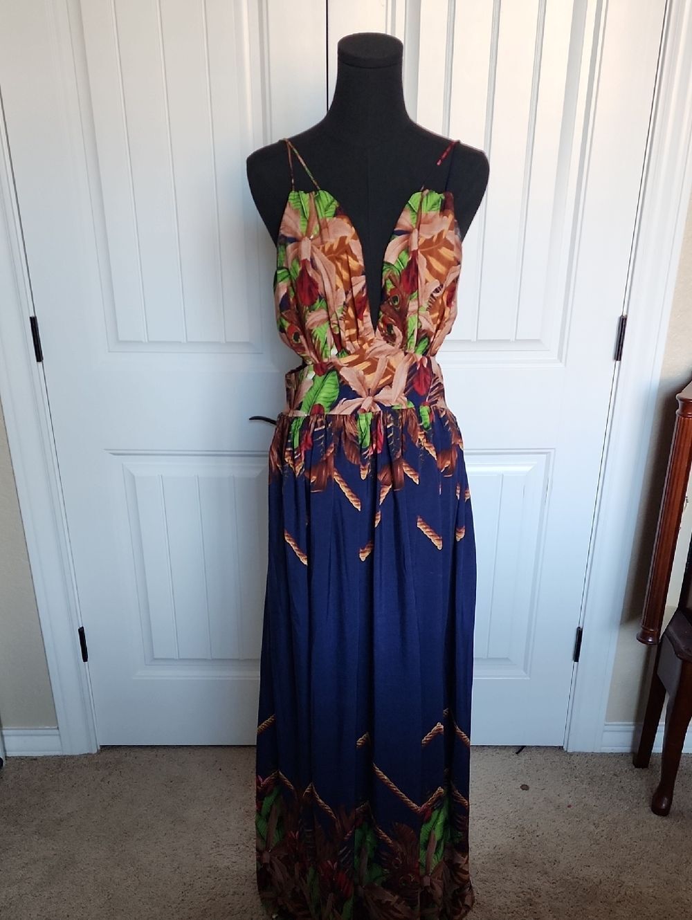 Miss Avenue Navy Maxi Dress with Tropical Green & Brown Print